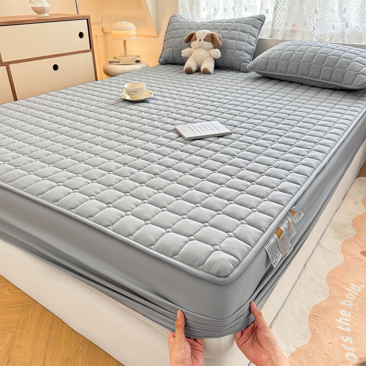 91家纺网 家纺一手货源 找家纺 雯豆家纺 2025新款简约水洗棉夹棉床笠-雅韵 雅韵-暮云灰