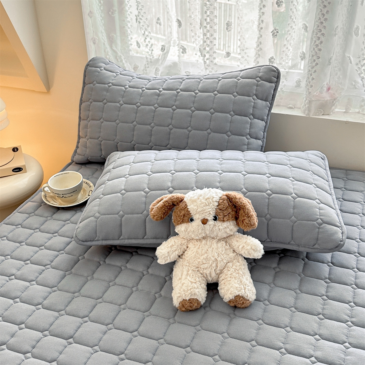 91家纺网 家纺一手货源 找家纺 雯豆家纺 2025新款简约水洗棉夹棉床笠-雅韵 雅韵-暮云灰