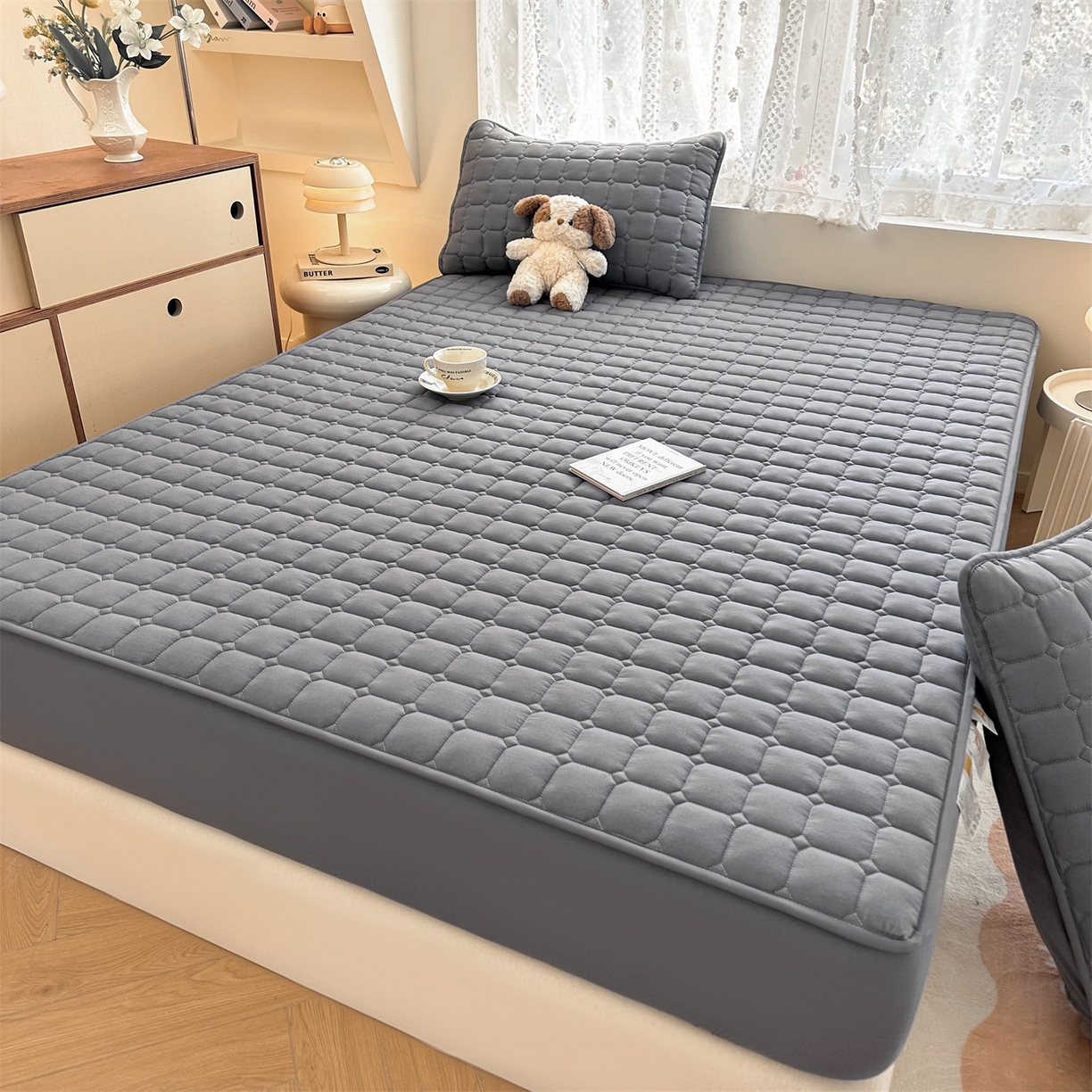 91家纺网 家纺一手货源 找家纺 雯豆家纺 2025新款简约水洗棉夹棉床笠-雅韵 雅韵-深空灰