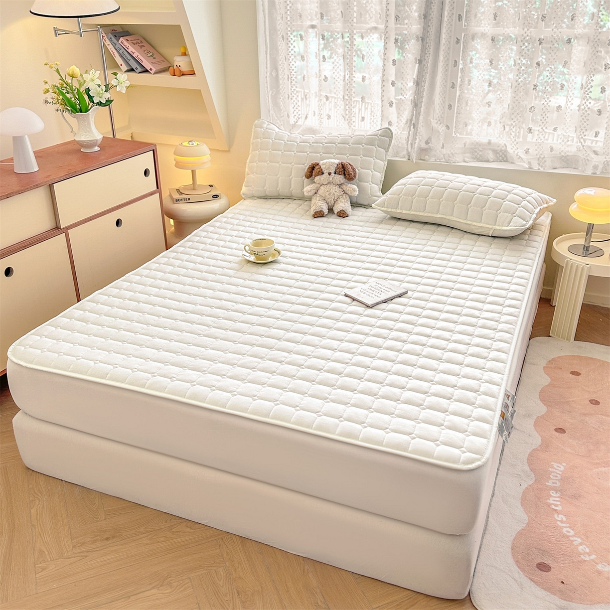 91家纺网 家纺一手货源 找家纺 雯豆家纺 2025新款简约水洗棉夹棉床笠-雅韵 雅韵-月光白