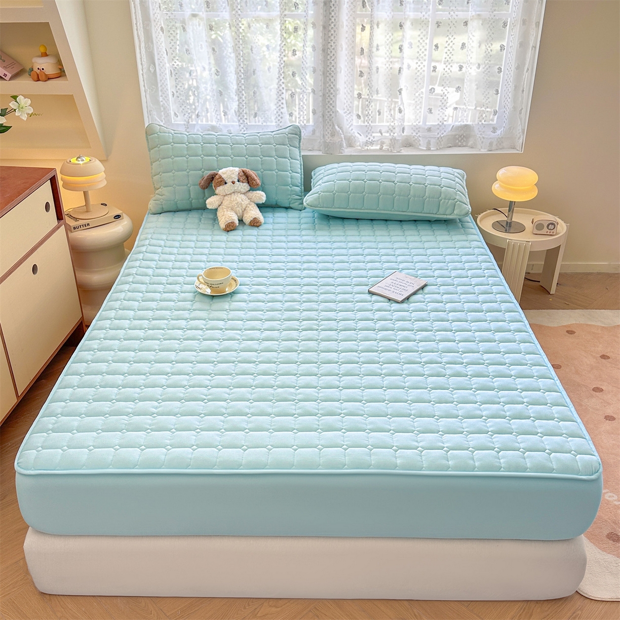 91家纺网 家纺一手货源 找家纺 雯豆家纺 2025新款简约水洗棉夹棉床笠-雅韵 雅韵-淡水蓝