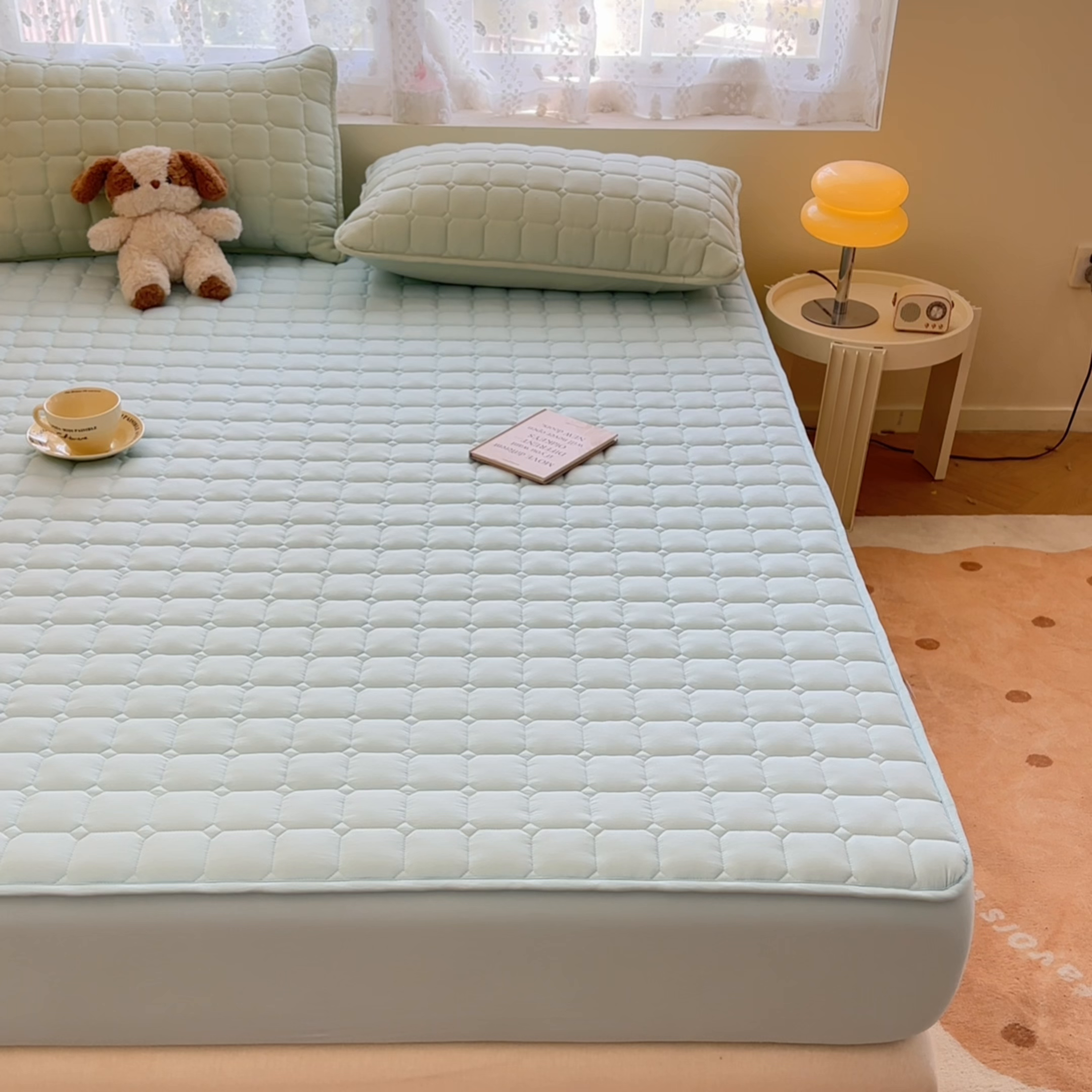 91家纺网 家纺一手货源 找家纺 雯豆家纺 2025新款简约水洗棉夹棉床笠-雅韵 雅韵-淡水蓝