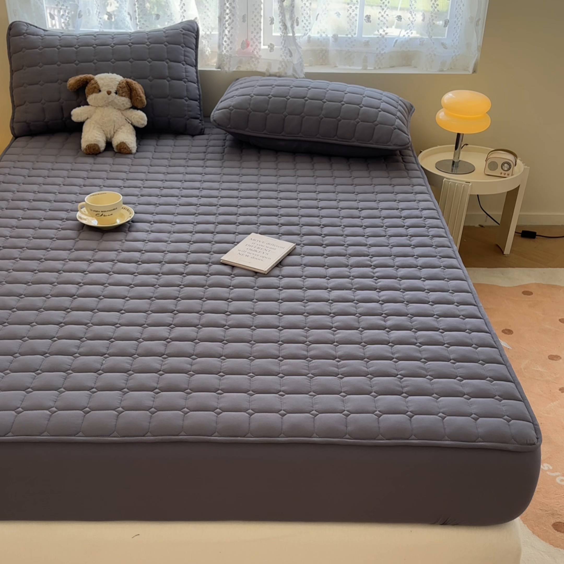 91家纺网 家纺一手货源 找家纺 雯豆家纺 2025新款简约水洗棉夹棉床笠-雅韵 雅韵-深空灰