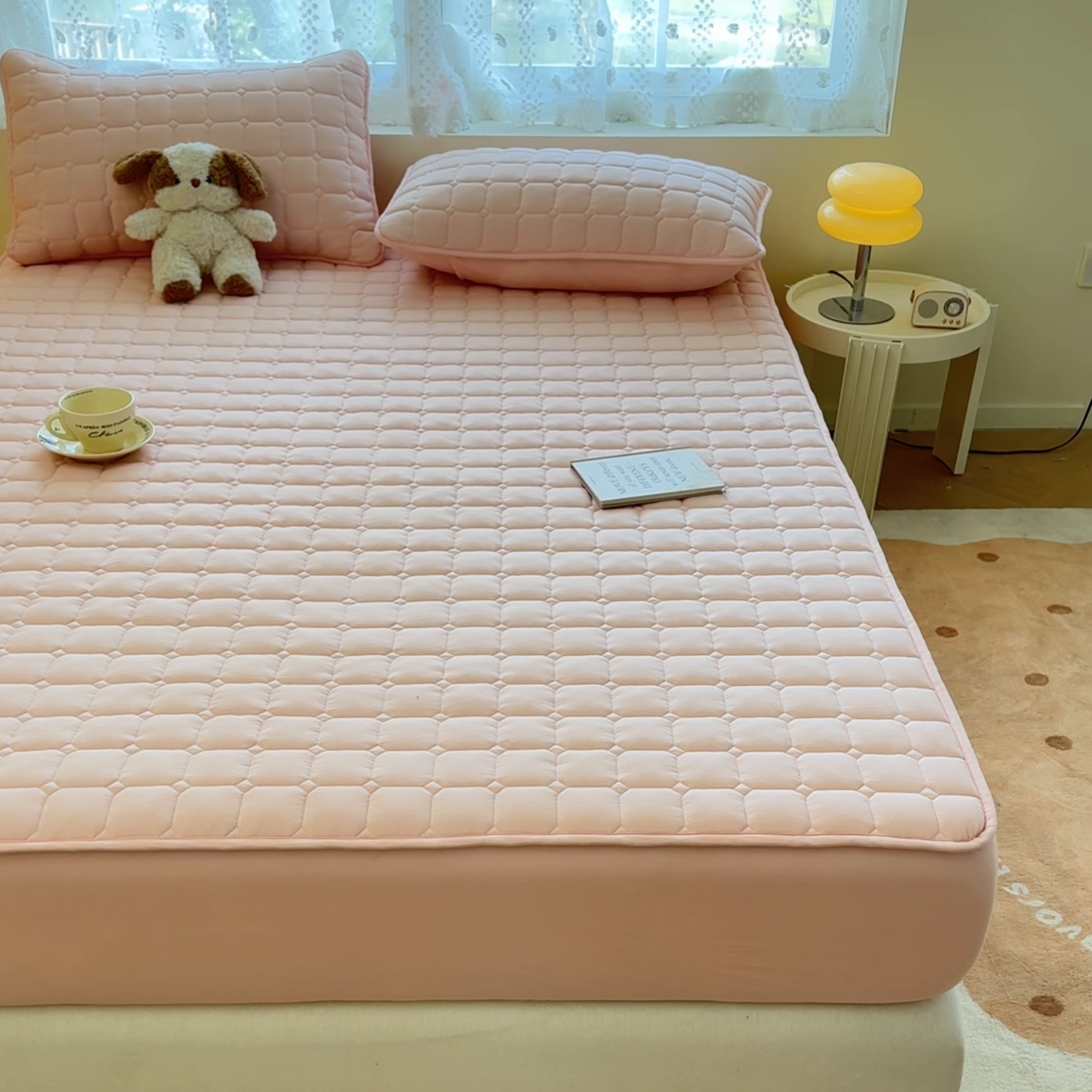 91家纺网 家纺一手货源 找家纺 雯豆家纺 2025新款简约水洗棉夹棉床笠-雅韵 雅韵-密合粉