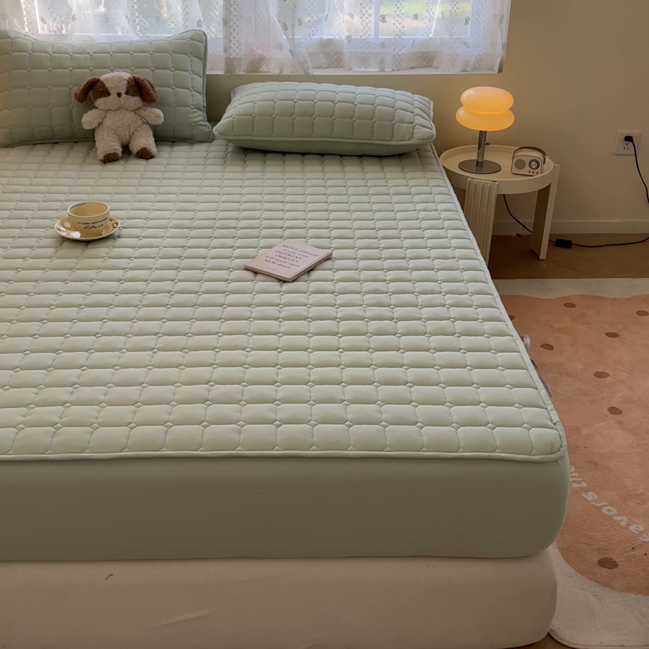 91家纺网 家纺一手货源 找家纺 雯豆家纺 2025新款简约水洗棉夹棉床笠-雅韵 雅韵-清雅绿