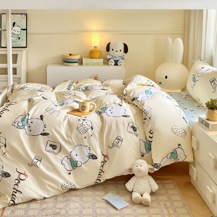 91家纺网 家纺一手货源 找家纺 蘭菲家纺 2025新款三丽鸥系列全棉印花三件套、四件套 俏皮狗