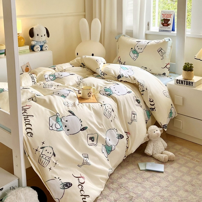 91家纺网 家纺一手货源 找家纺 蘭菲家纺 2025新款三丽鸥系列全棉印花三件套、四件套 俏皮狗