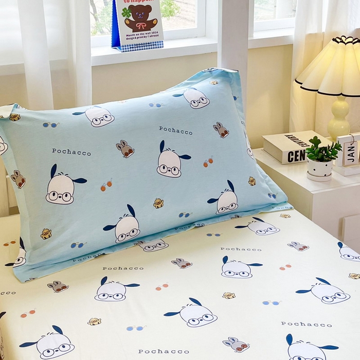 91家纺网 家纺一手货源 找家纺 蘭菲家纺 2025新款三丽鸥系列全棉印花三件套、四件套 眼镜狗-蓝