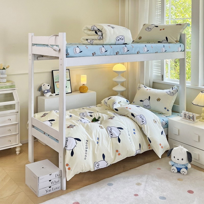 91家纺网 家纺一手货源 找家纺 蘭菲家纺 2025新款三丽鸥系列全棉印花三件套、四件套 眼镜狗-米