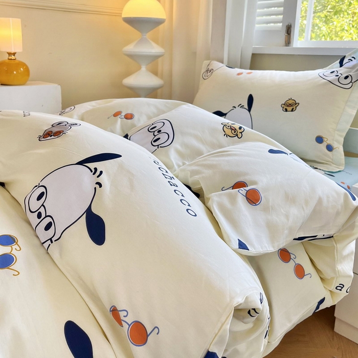 91家纺网 家纺一手货源 找家纺 蘭菲家纺 2025新款三丽鸥系列全棉印花三件套、四件套 眼镜狗-米