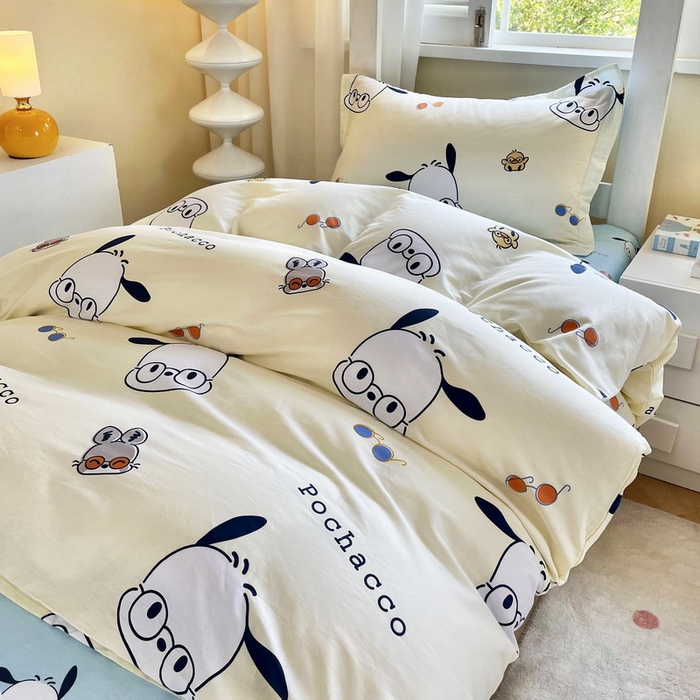 91家纺网 家纺一手货源 找家纺 蘭菲家纺 2025新款三丽鸥系列全棉印花三件套、四件套 眼镜狗-米