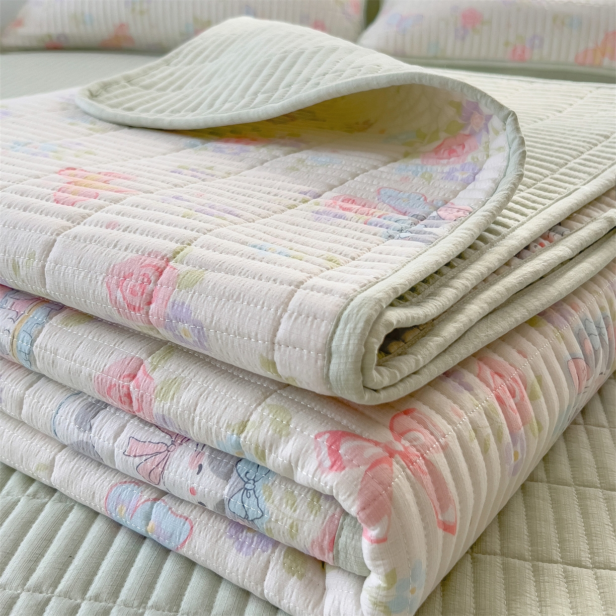 91家纺网 家纺一手货源 找家纺 （总）雯豆家纺 2025新品皱皱双层纱床盖泡泡纱床罩保护套