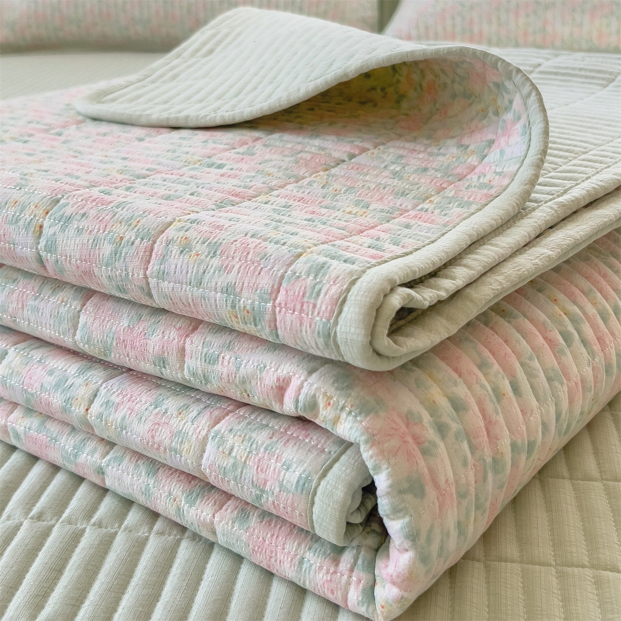 雯豆家纺 2025新品皱皱双层纱床盖泡泡纱床罩保护套 爱尔蓝