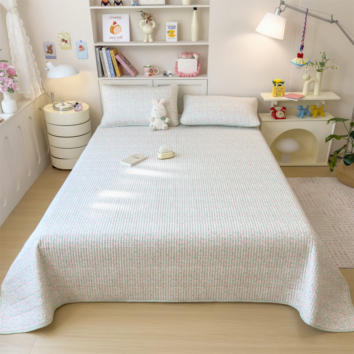 91家纺网 家纺一手货源 找家纺 雯豆家纺 2025新品皱皱双层纱床盖泡泡纱床罩保护套 爱尔蓝