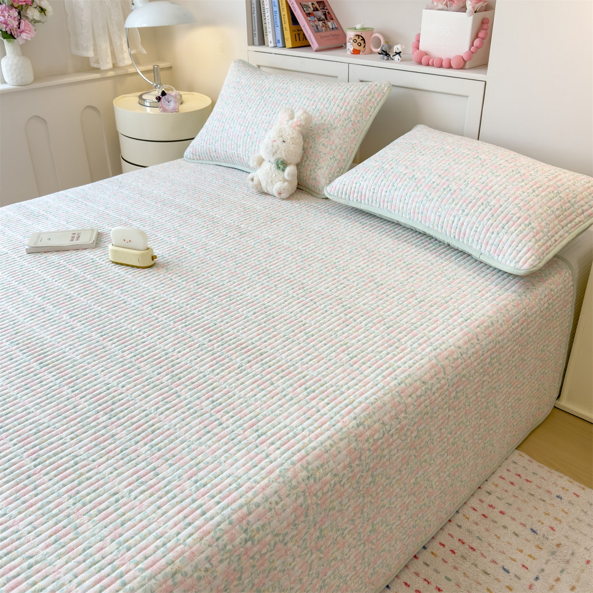 91家纺网 家纺一手货源 找家纺 雯豆家纺 2025新品皱皱双层纱床盖泡泡纱床罩保护套 爱尔蓝