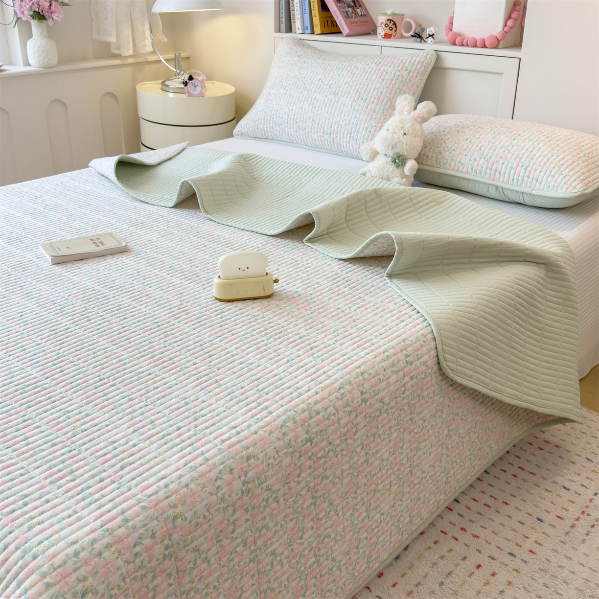 91家纺网 家纺一手货源 找家纺 雯豆家纺 2025新品皱皱双层纱床盖泡泡纱床罩保护套 爱尔蓝