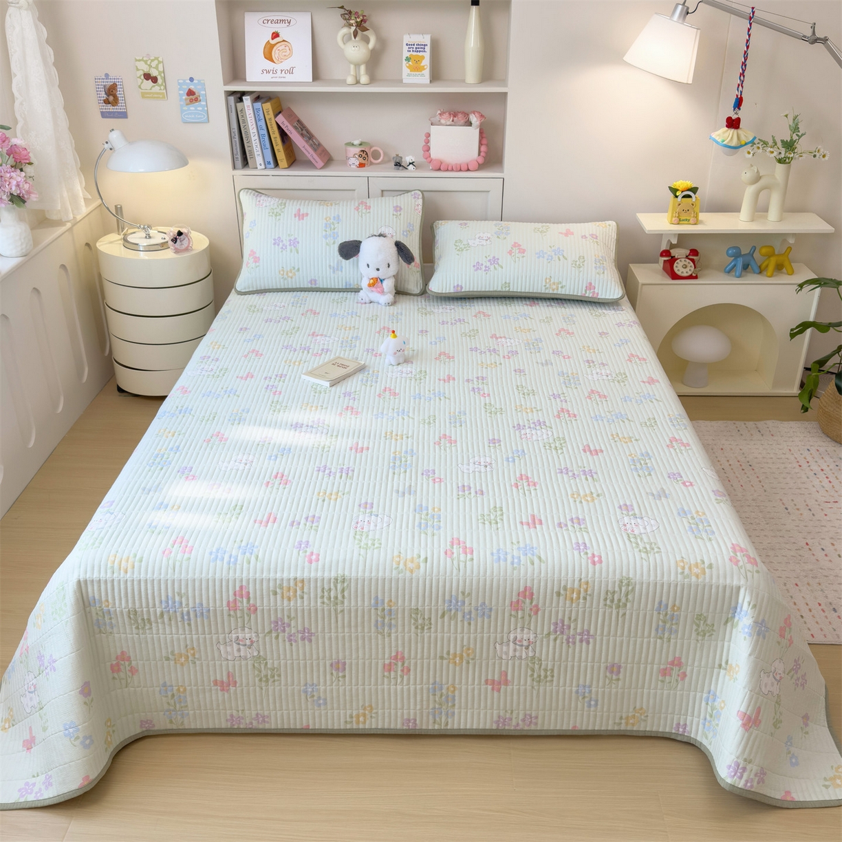 91家纺网 家纺一手货源 找家纺 雯豆家纺 2025新品皱皱双层纱床盖泡泡纱床罩保护套 春日小狗