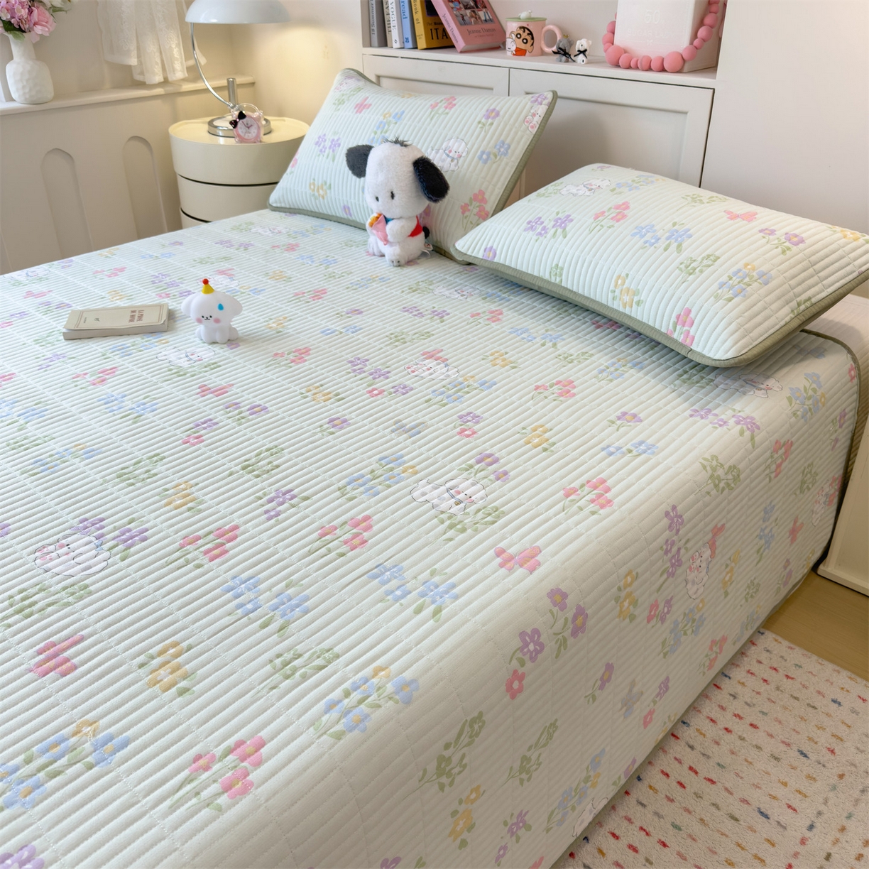 91家纺网 家纺一手货源 找家纺 雯豆家纺 2025新品皱皱双层纱床盖泡泡纱床罩保护套 春日小狗