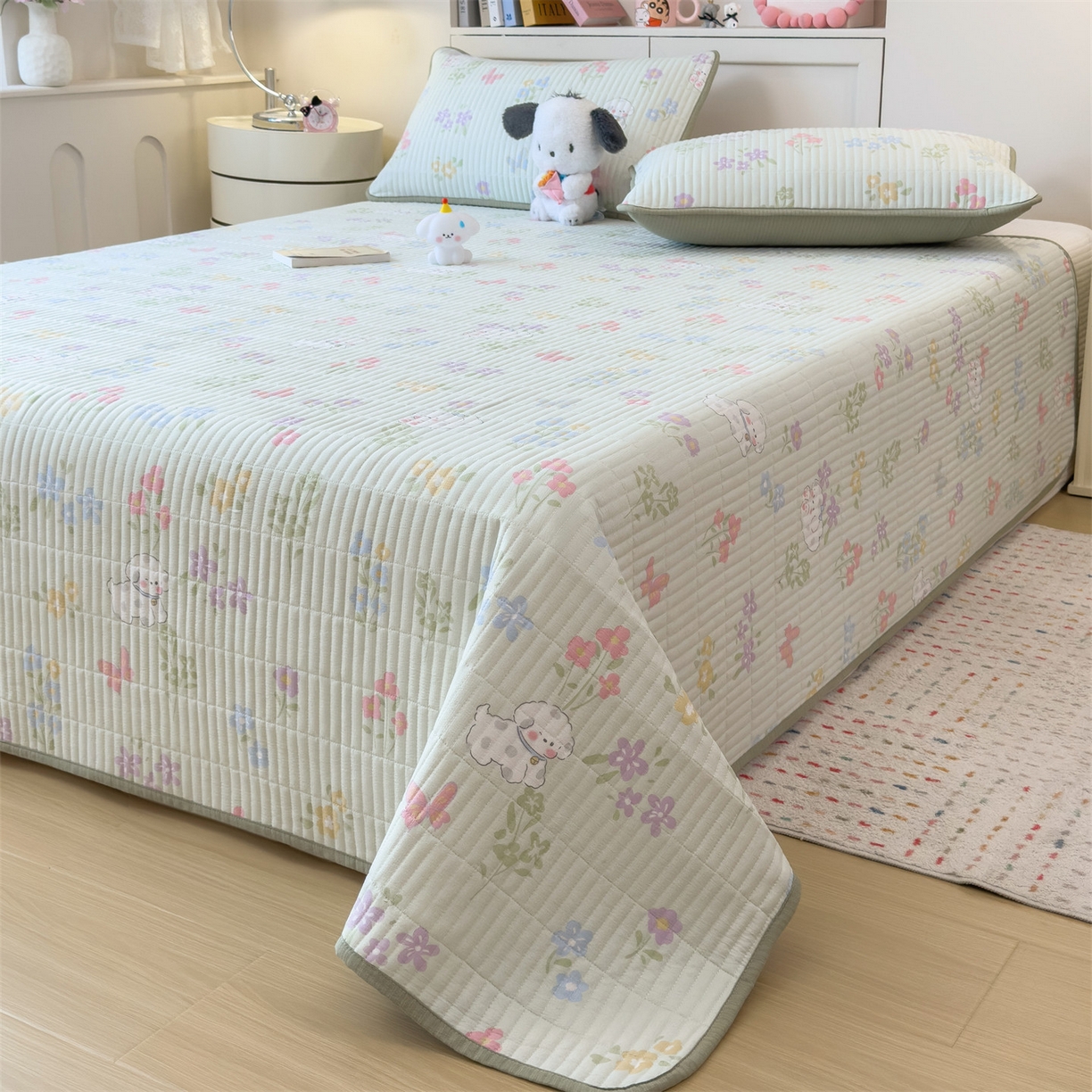 91家纺网 家纺一手货源 找家纺 雯豆家纺 2025新品皱皱双层纱床盖泡泡纱床罩保护套 春日小狗