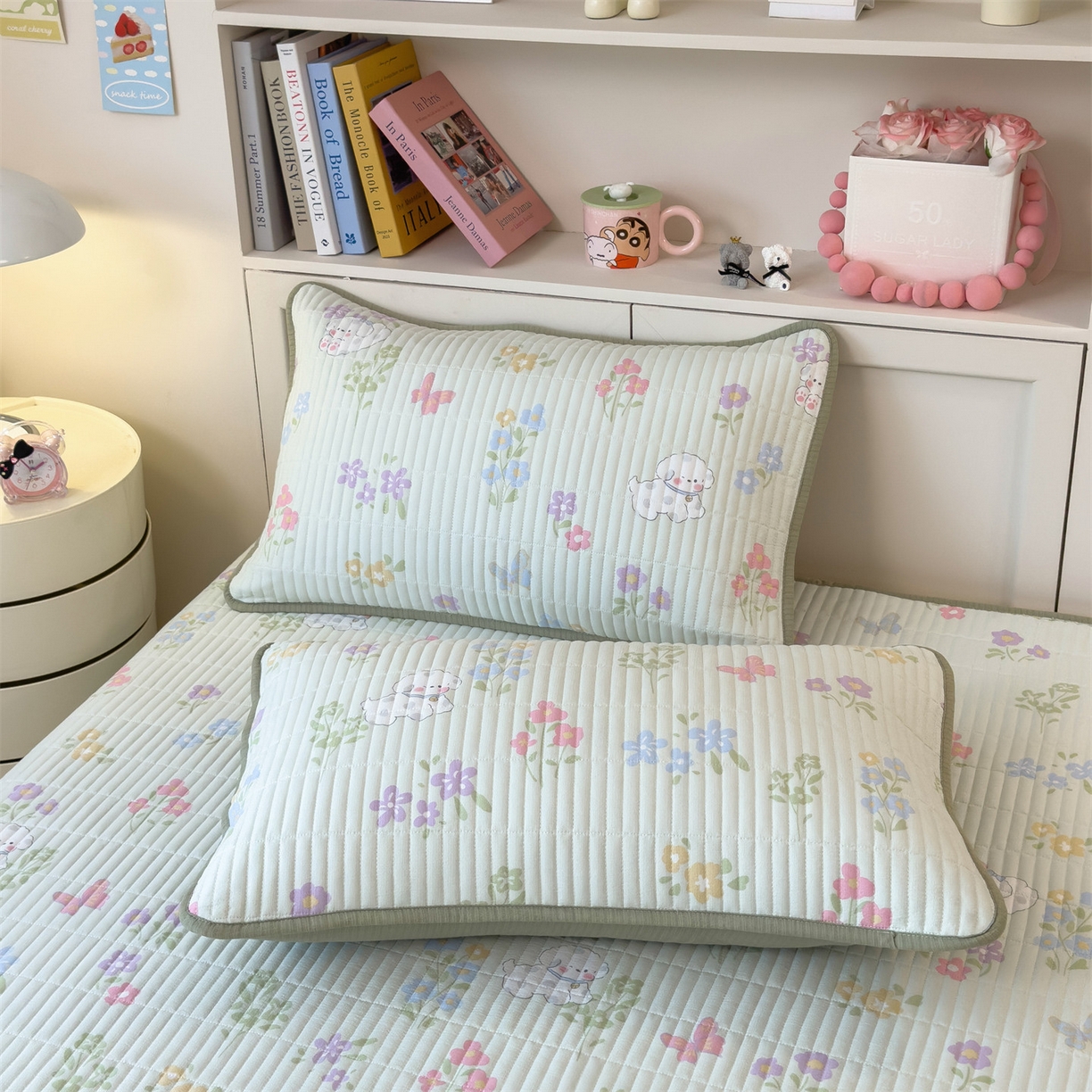 91家纺网 家纺一手货源 找家纺 雯豆家纺 2025新品皱皱双层纱床盖泡泡纱床罩保护套 春日小狗