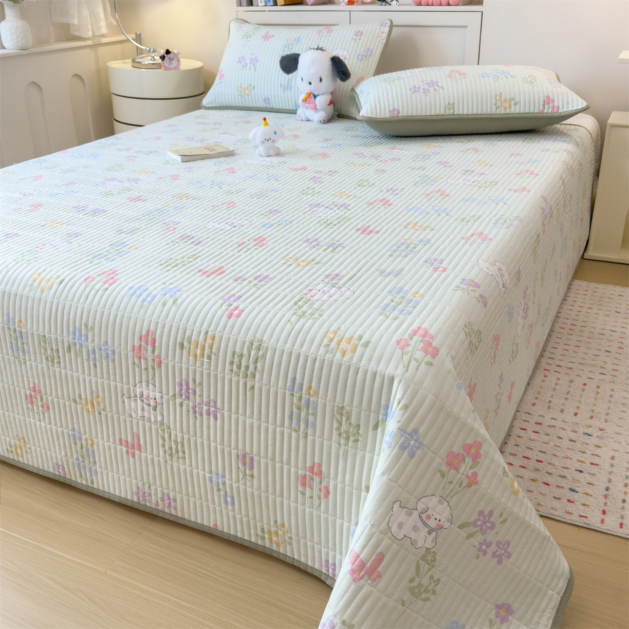 91家纺网 家纺一手货源 找家纺 雯豆家纺 2025新品皱皱双层纱床盖泡泡纱床罩保护套 春日小狗