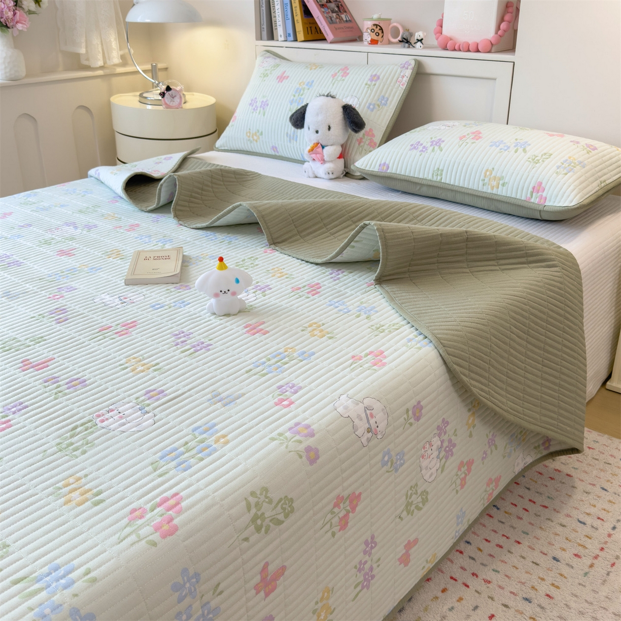 91家纺网 家纺一手货源 找家纺 雯豆家纺 2025新品皱皱双层纱床盖泡泡纱床罩保护套 春日小狗