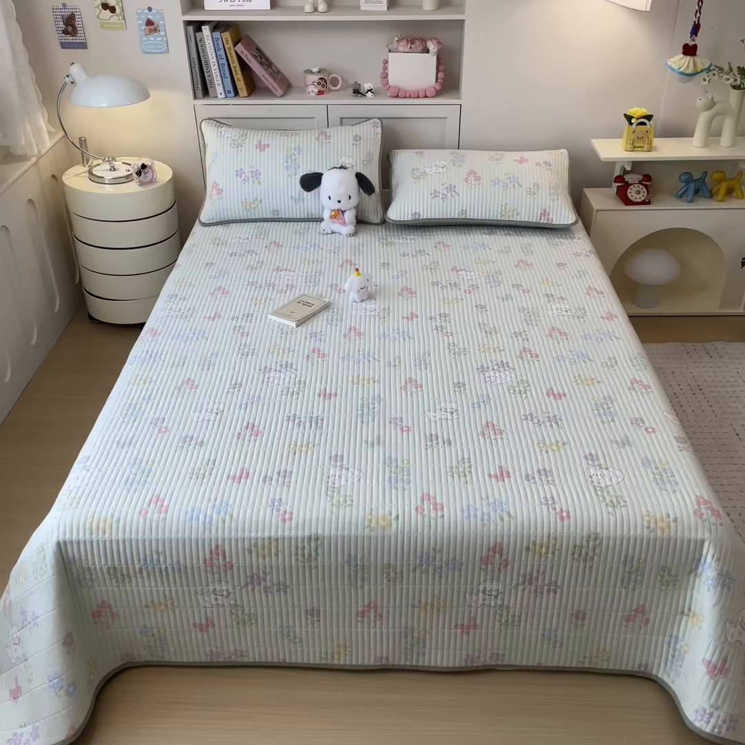 91家纺网 家纺一手货源 找家纺 雯豆家纺 2025新品皱皱双层纱床盖泡泡纱床罩保护套 春日小狗