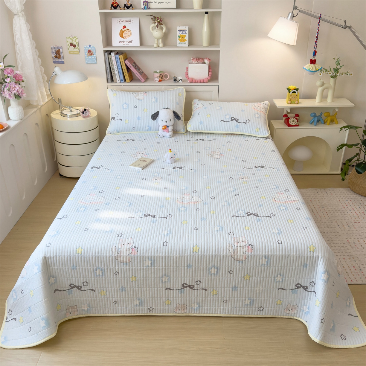 91家纺网 家纺一手货源 找家纺 雯豆家纺 2025新品皱皱双层纱床盖泡泡纱床罩保护套 蝴蝶结小猫