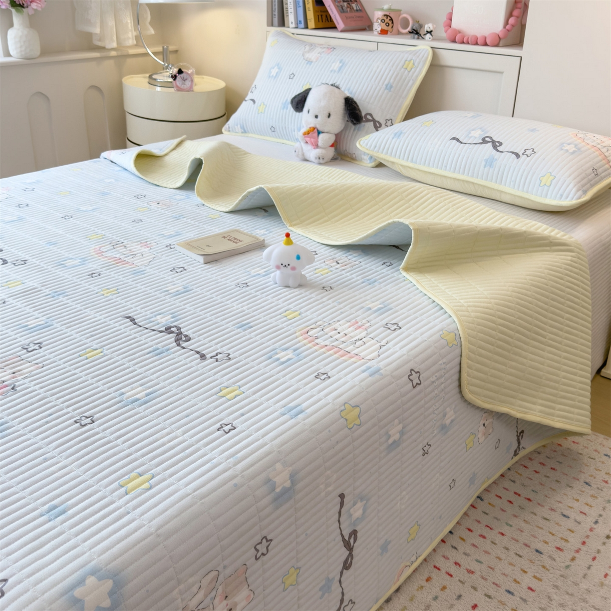 91家纺网 家纺一手货源 找家纺 雯豆家纺 2025新品皱皱双层纱床盖泡泡纱床罩保护套 蝴蝶结小猫