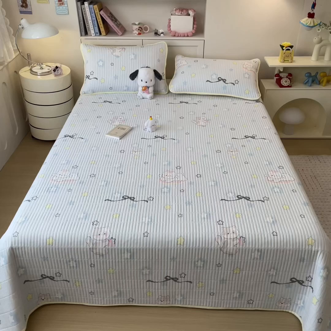 91家纺网 家纺一手货源 找家纺 雯豆家纺 2025新品皱皱双层纱床盖泡泡纱床罩保护套 蝴蝶结小猫