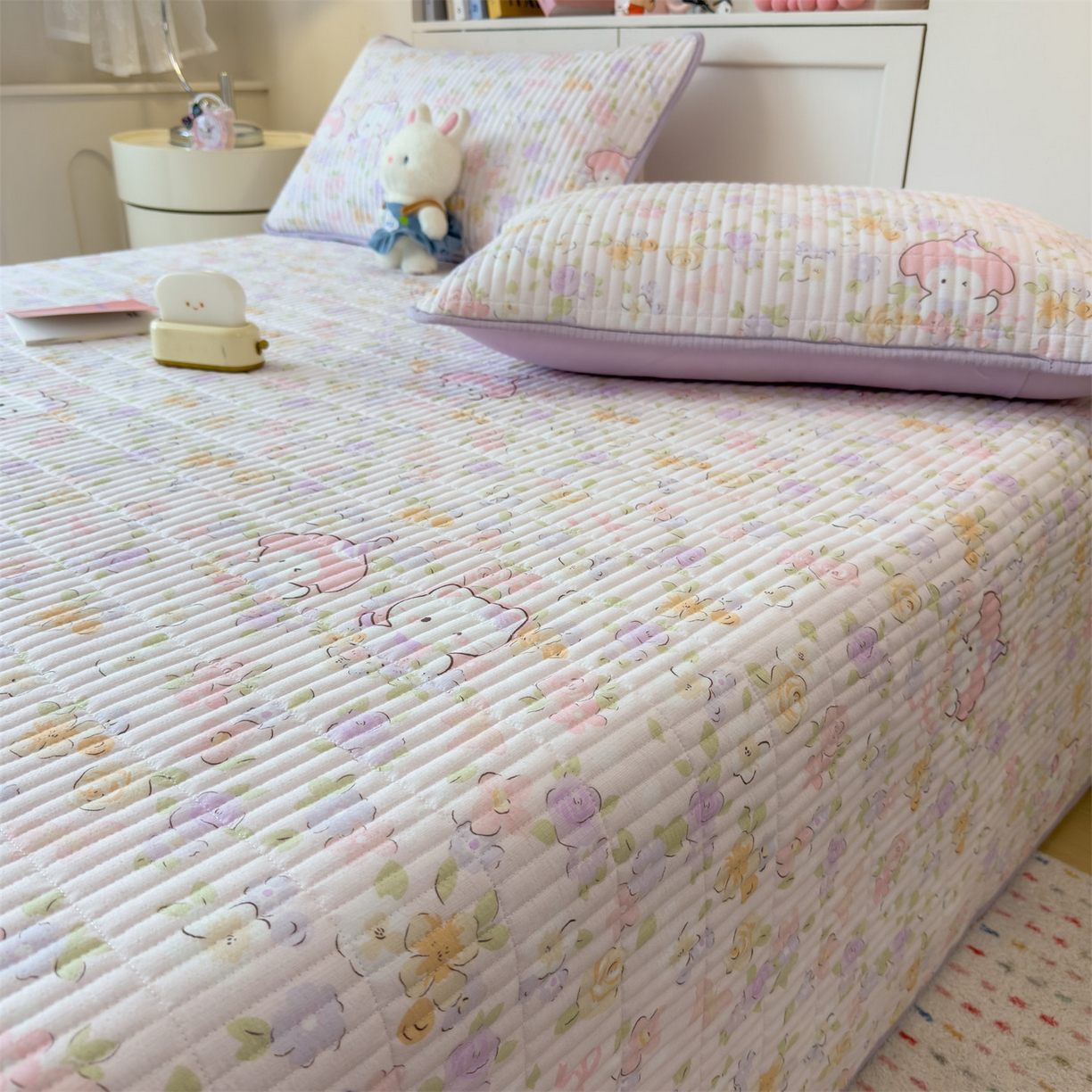 91家纺网 家纺一手货源 找家纺 雯豆家纺 2025新品皱皱双层纱床盖泡泡纱床罩保护套 可爱TK