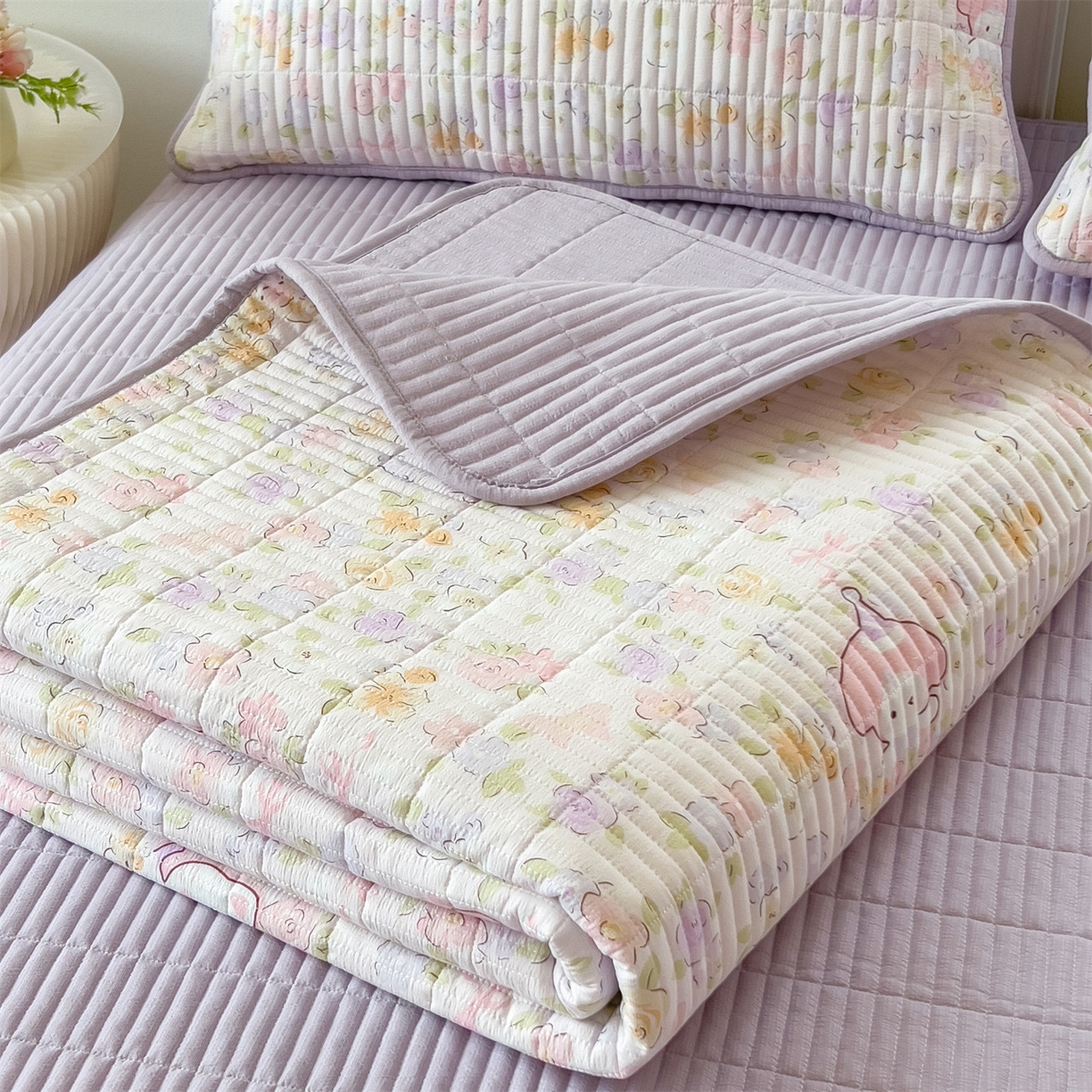 91家纺网 家纺一手货源 找家纺 雯豆家纺 2025新品皱皱双层纱床盖泡泡纱床罩保护套 可爱TK