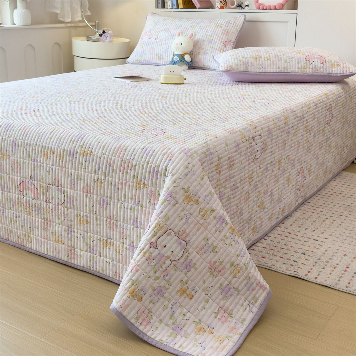 91家纺网 家纺一手货源 找家纺 雯豆家纺 2025新品皱皱双层纱床盖泡泡纱床罩保护套 可爱TK