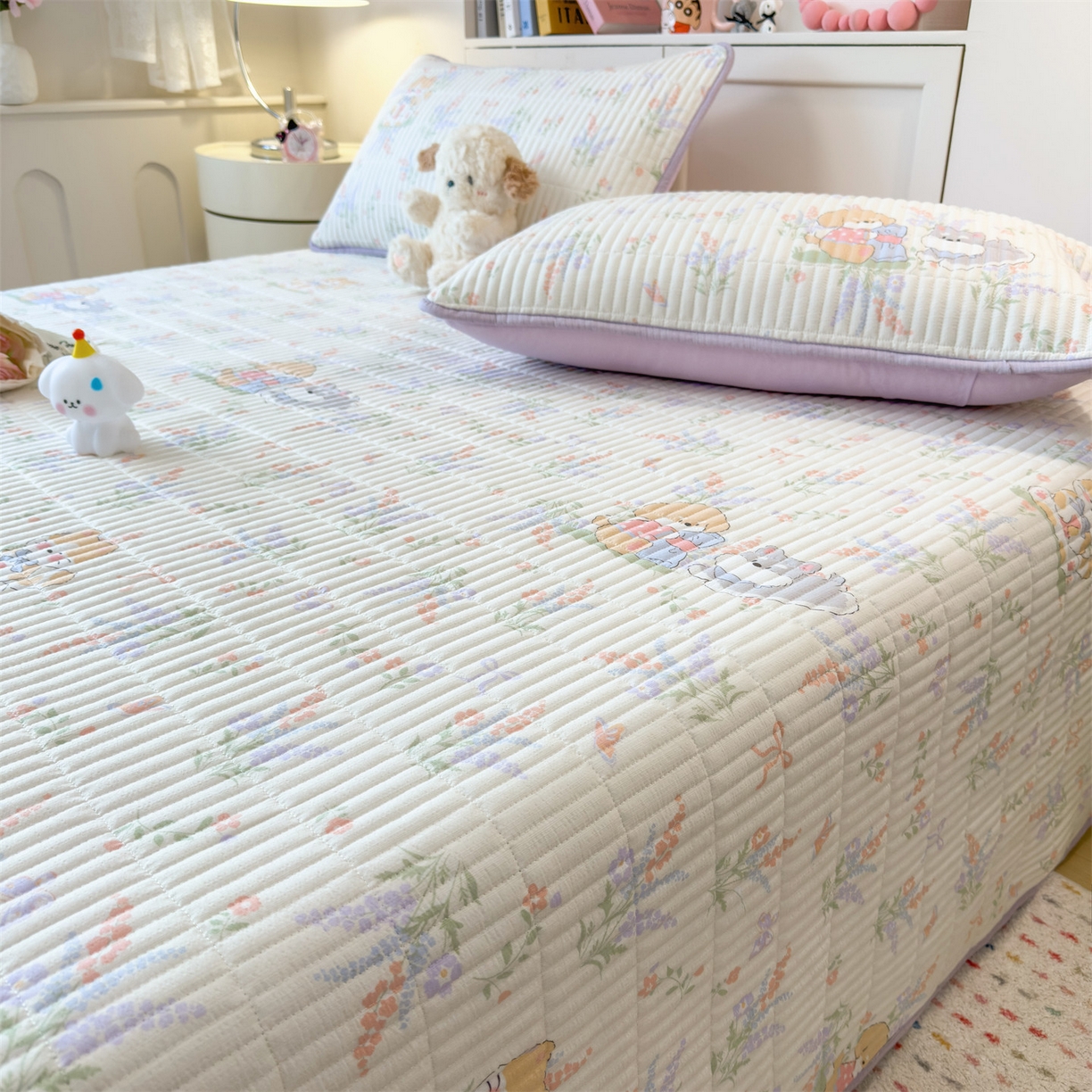 91家纺网 家纺一手货源 找家纺 雯豆家纺 2025新品皱皱双层纱床盖泡泡纱床罩保护套 快乐萌宝