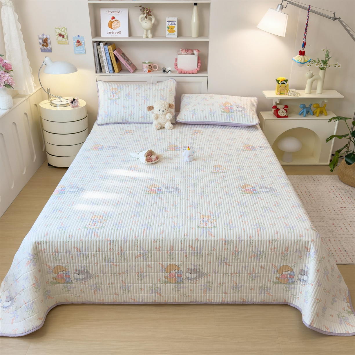 91家纺网 家纺一手货源 找家纺 雯豆家纺 2025新品皱皱双层纱床盖泡泡纱床罩保护套 快乐萌宝