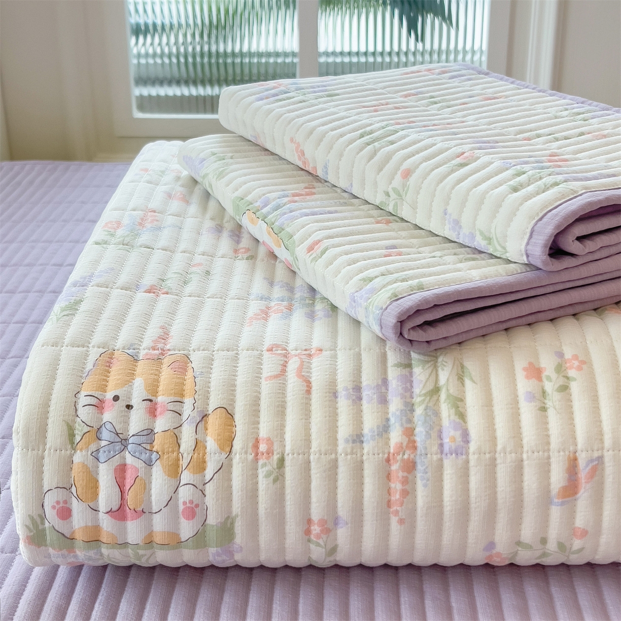 91家纺网 家纺一手货源 找家纺 雯豆家纺 2025新品皱皱双层纱床盖泡泡纱床罩保护套 快乐萌宝