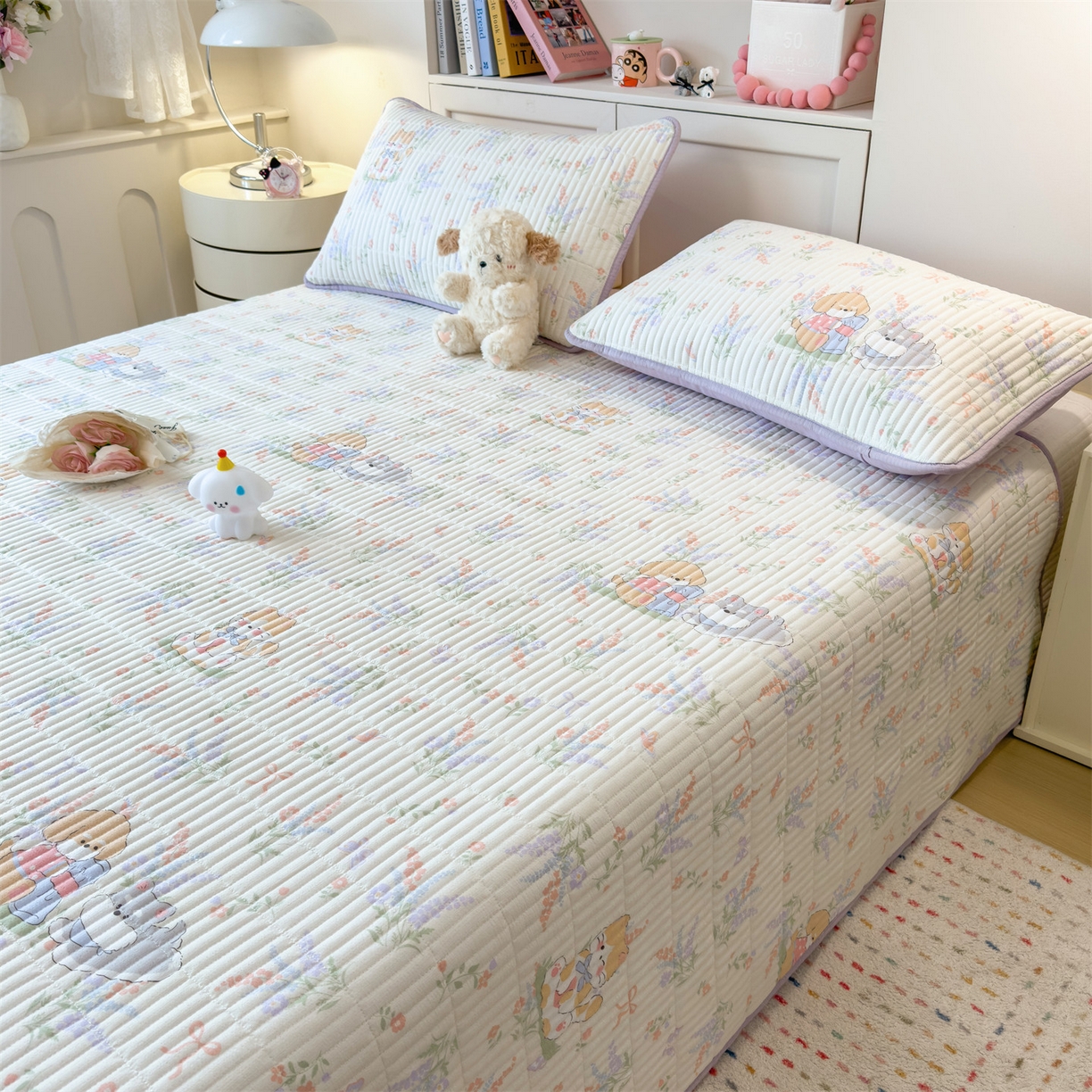 91家纺网 家纺一手货源 找家纺 雯豆家纺 2025新品皱皱双层纱床盖泡泡纱床罩保护套 快乐萌宝