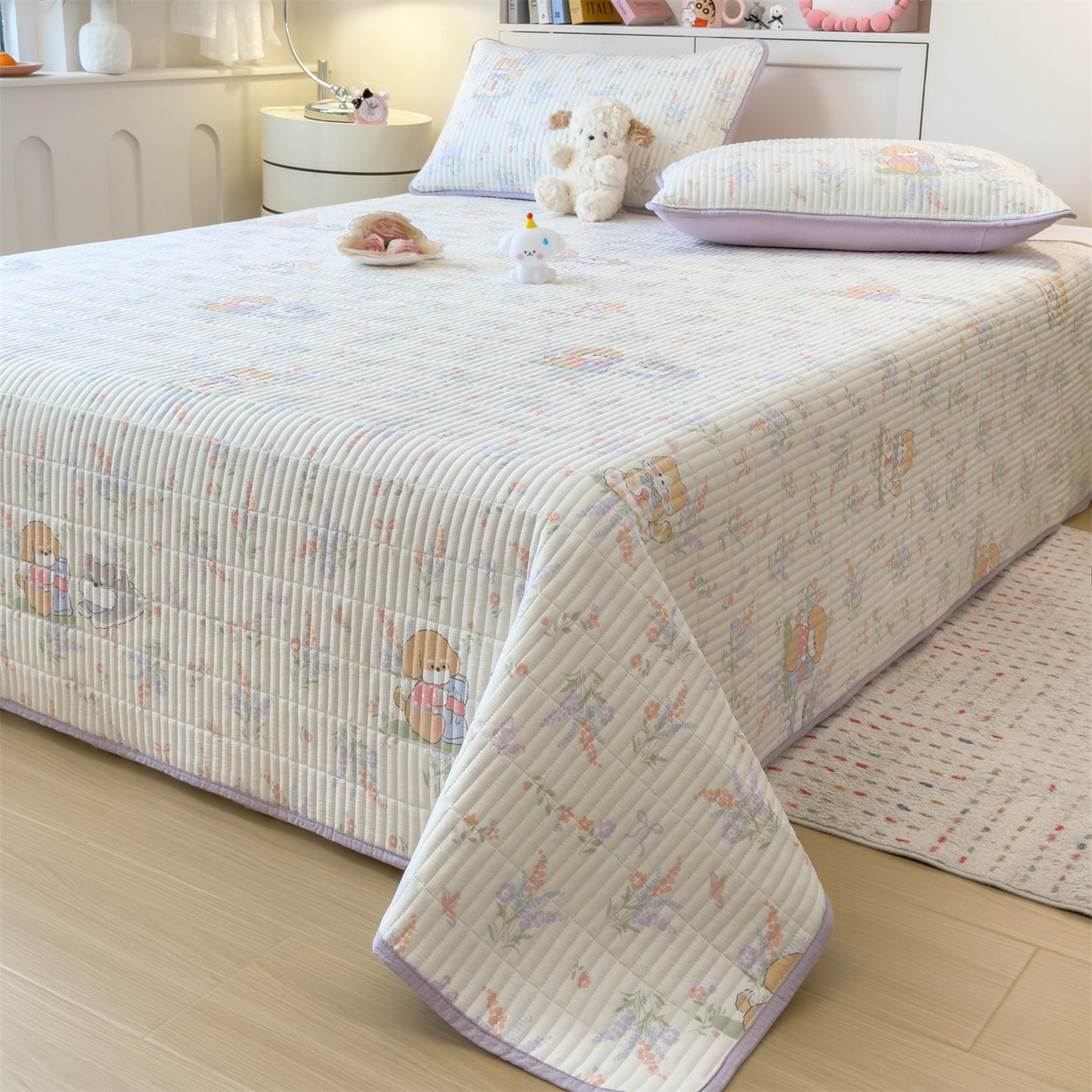 91家纺网 家纺一手货源 找家纺 雯豆家纺 2025新品皱皱双层纱床盖泡泡纱床罩保护套 快乐萌宝