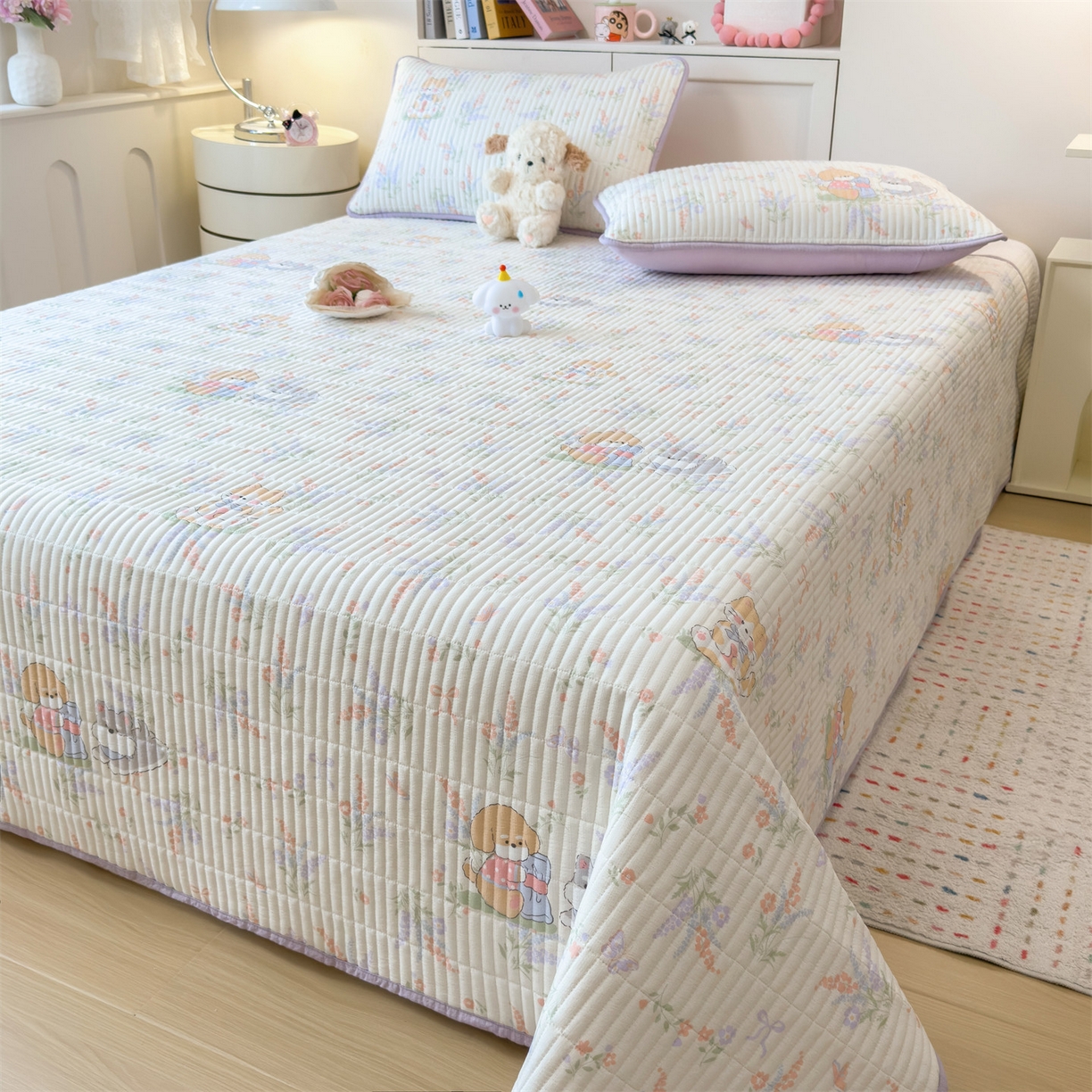 91家纺网 家纺一手货源 找家纺 雯豆家纺 2025新品皱皱双层纱床盖泡泡纱床罩保护套 快乐萌宝