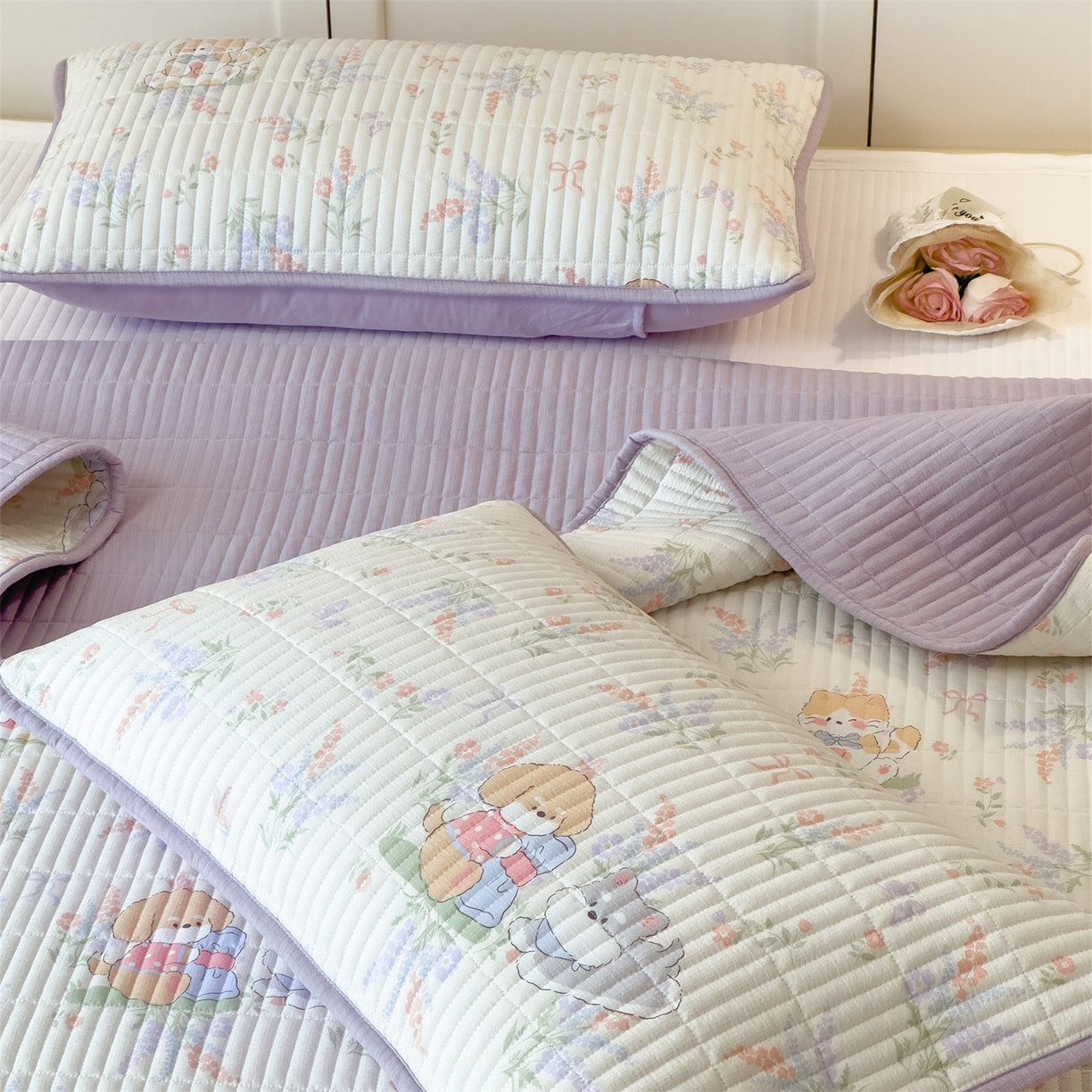 91家纺网 家纺一手货源 找家纺 雯豆家纺 2025新品皱皱双层纱床盖泡泡纱床罩保护套 快乐萌宝