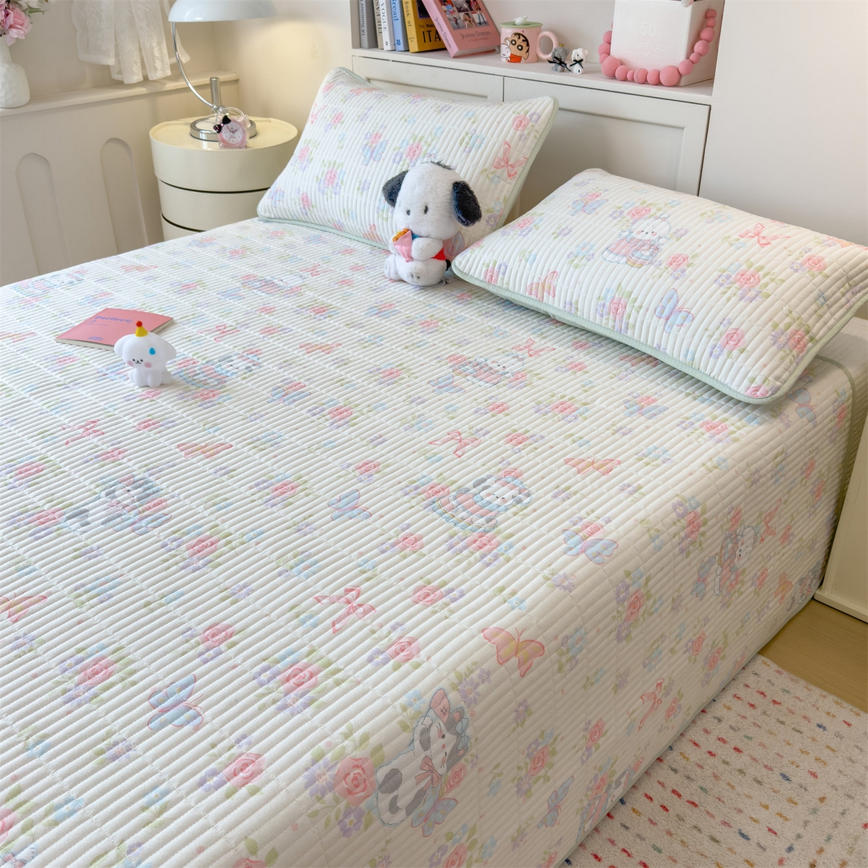 91家纺网 家纺一手货源 找家纺 雯豆家纺 2025新品皱皱双层纱床盖泡泡纱床罩保护套 快乐时光