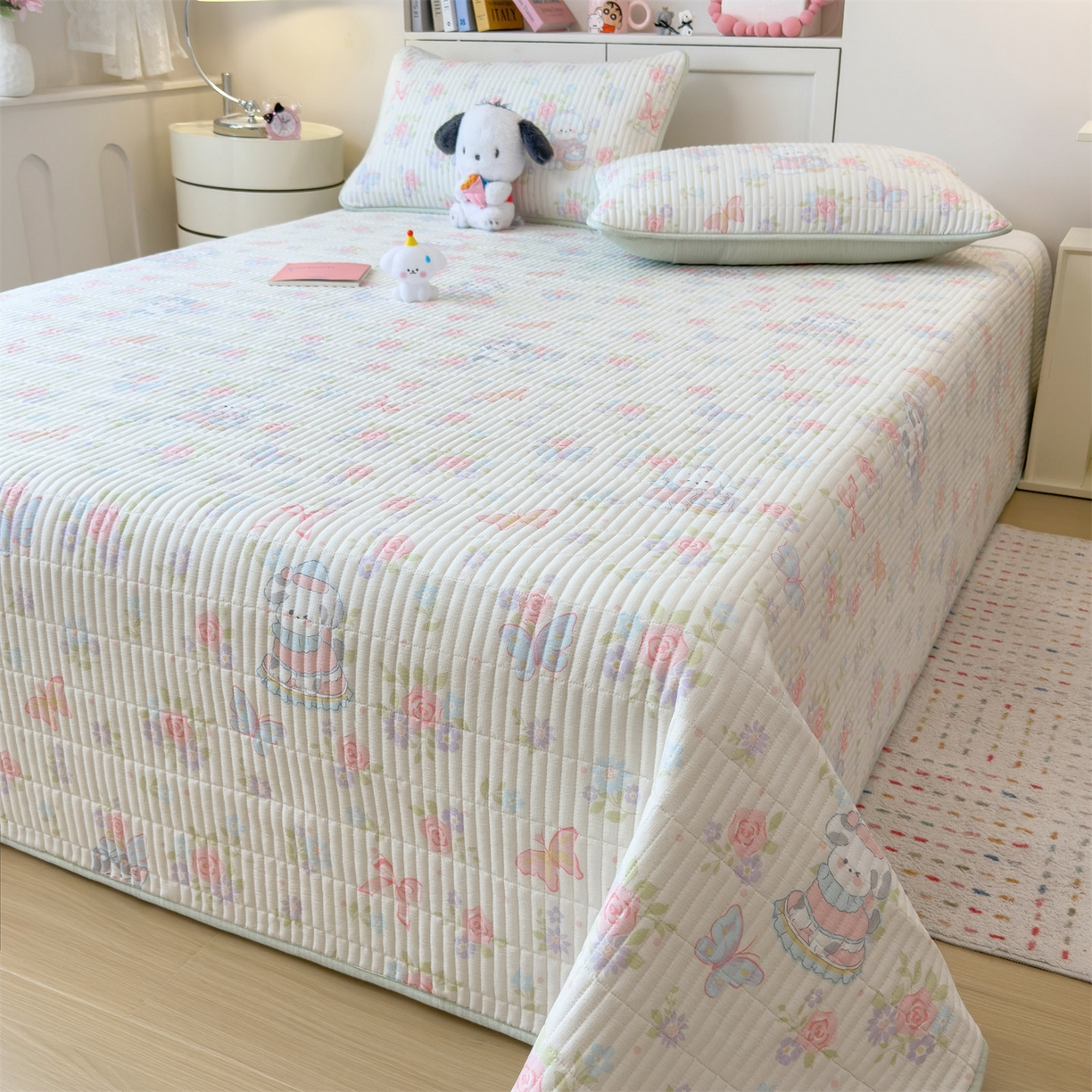 91家纺网 家纺一手货源 找家纺 雯豆家纺 2025新品皱皱双层纱床盖泡泡纱床罩保护套 快乐时光