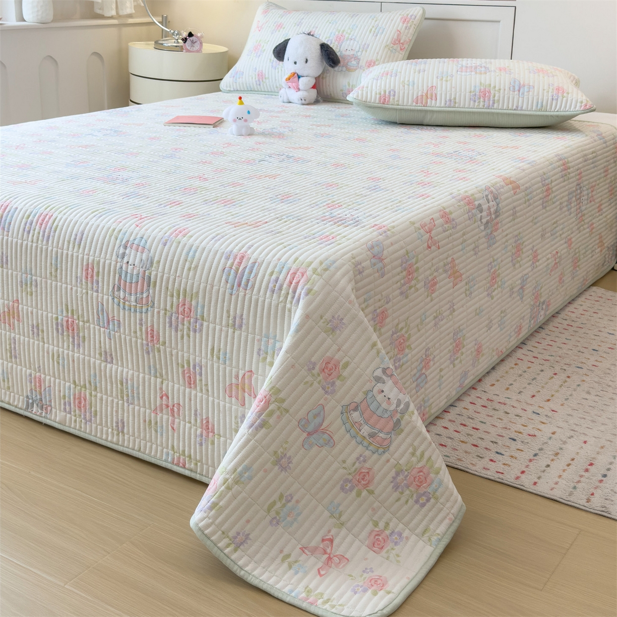 91家纺网 家纺一手货源 找家纺 雯豆家纺 2025新品皱皱双层纱床盖泡泡纱床罩保护套 快乐时光