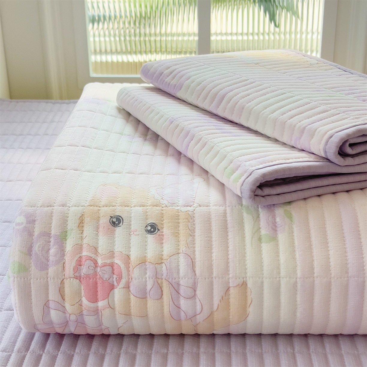 91家纺网 家纺一手货源 找家纺 雯豆家纺 2025新品皱皱双层纱床盖泡泡纱床罩保护套 毛球团团