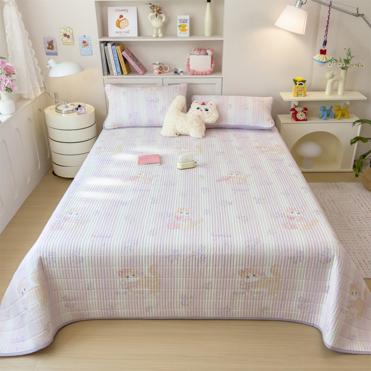 91家纺网 家纺一手货源 找家纺 雯豆家纺 2025新品皱皱双层纱床盖泡泡纱床罩保护套 毛球团团