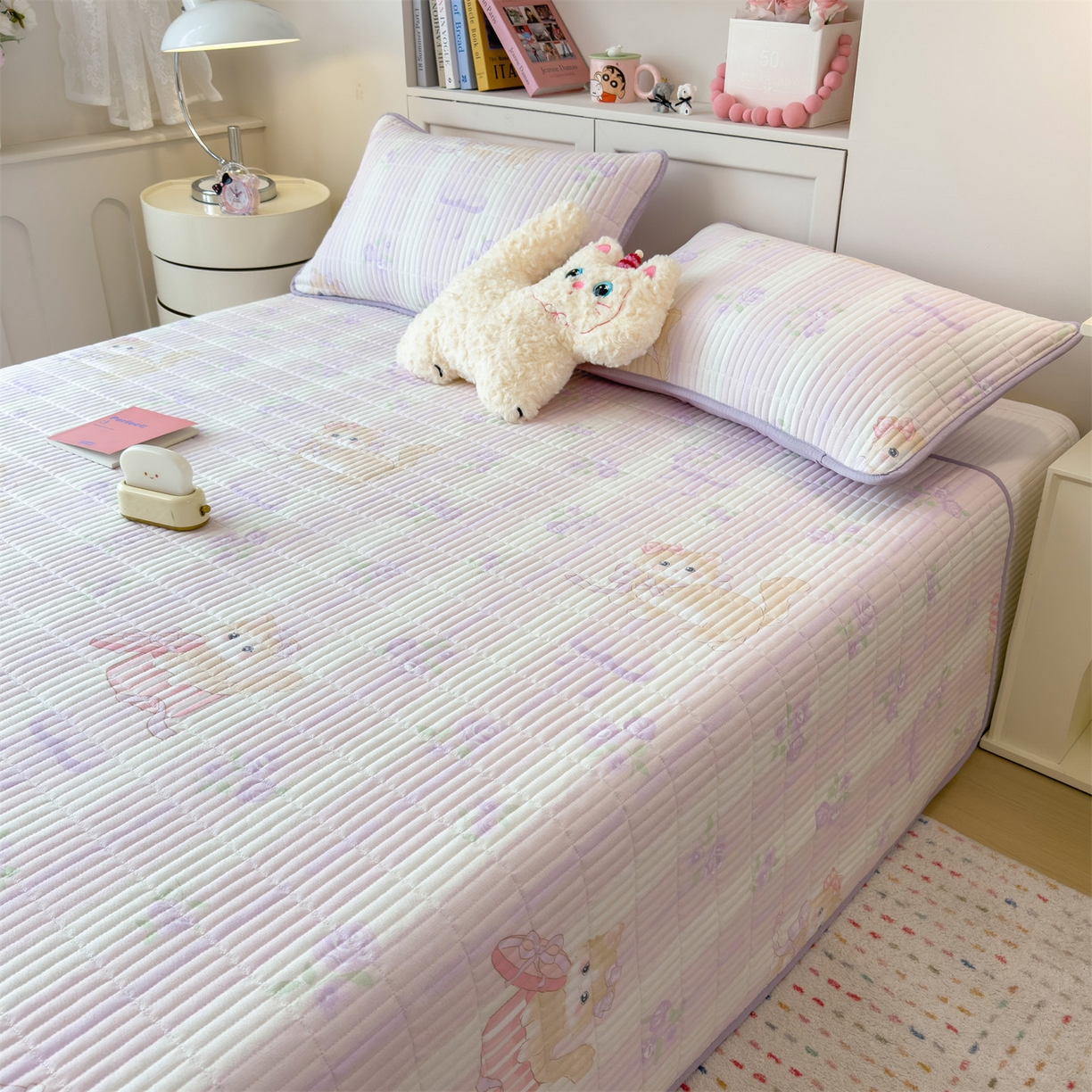 91家纺网 家纺一手货源 找家纺 雯豆家纺 2025新品皱皱双层纱床盖泡泡纱床罩保护套 毛球团团