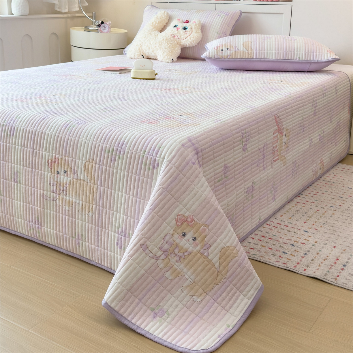 91家纺网 家纺一手货源 找家纺 雯豆家纺 2025新品皱皱双层纱床盖泡泡纱床罩保护套 毛球团团