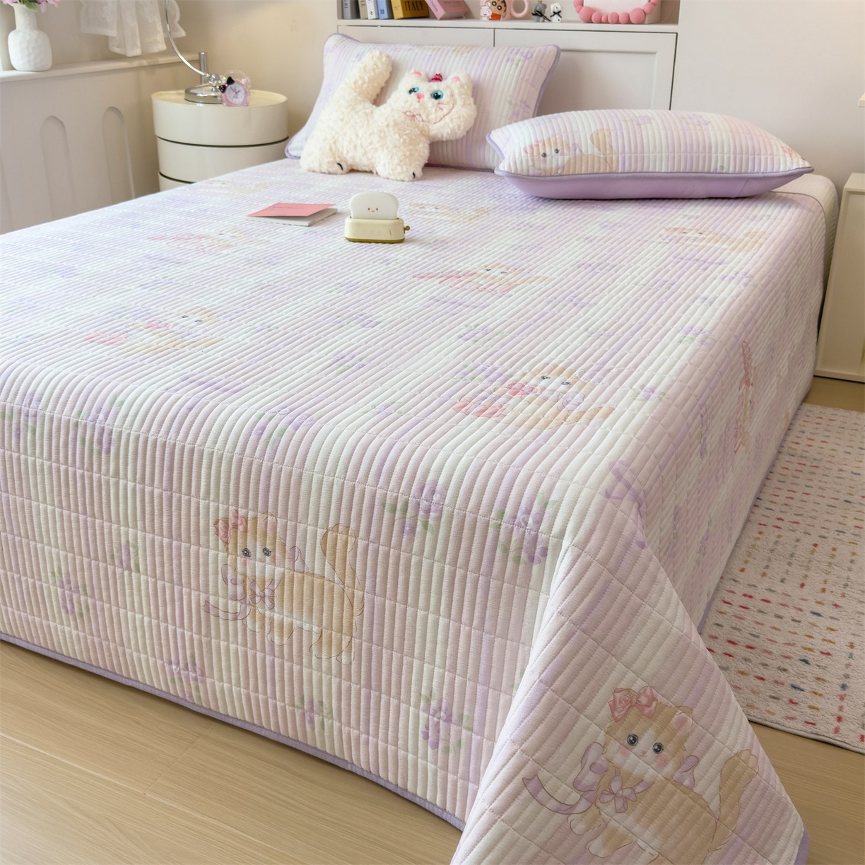 91家纺网 家纺一手货源 找家纺 雯豆家纺 2025新品皱皱双层纱床盖泡泡纱床罩保护套 毛球团团