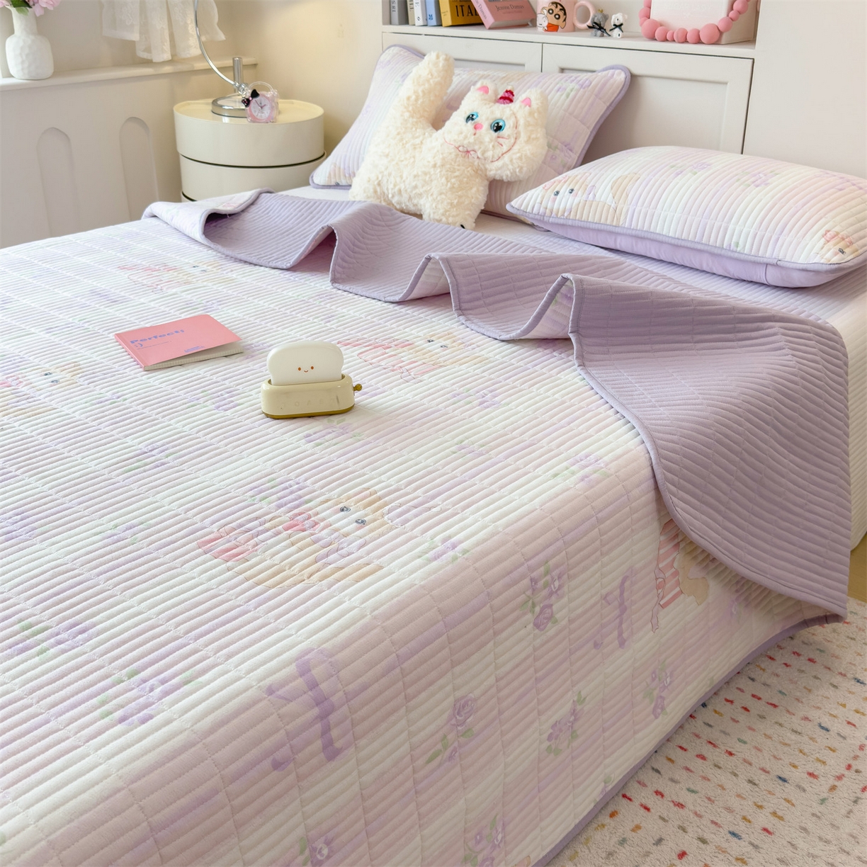 91家纺网 家纺一手货源 找家纺 雯豆家纺 2025新品皱皱双层纱床盖泡泡纱床罩保护套 毛球团团