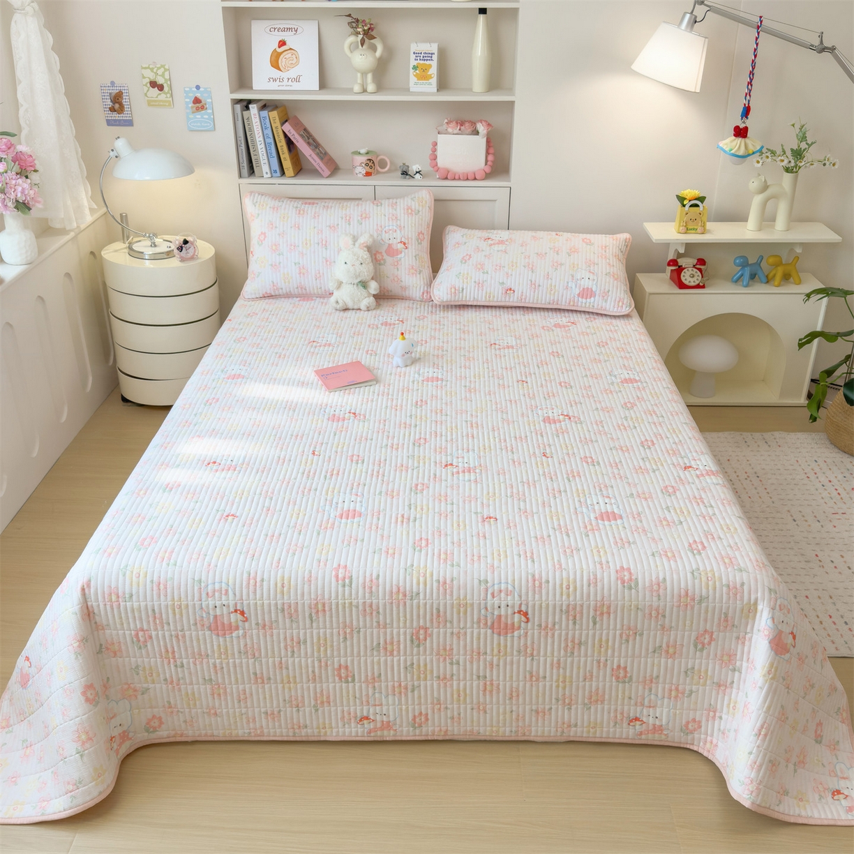 91家纺网 家纺一手货源 找家纺 雯豆家纺 2025新品皱皱双层纱床盖泡泡纱床罩保护套 蘑菇仙子